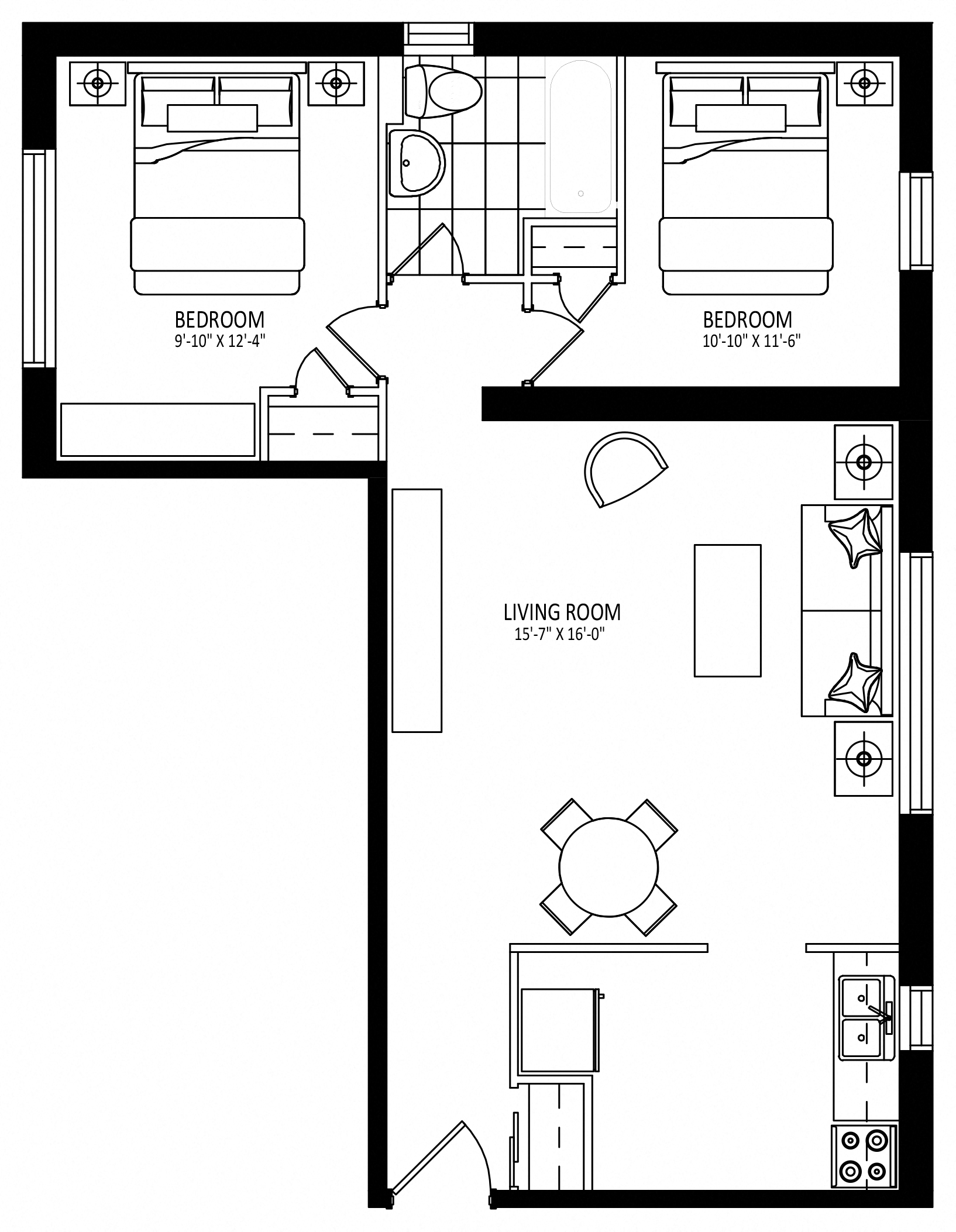 Floor plan for 2 beds, 1 bath, 768 sqft